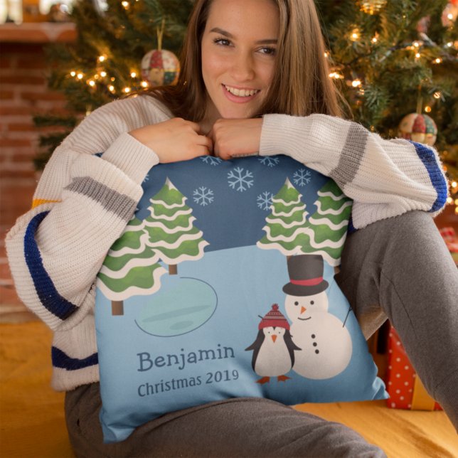Winter Holiday Penguin and Snowman Christmas Throw Pillow (Creator Uploaded)
