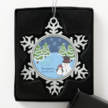 Winter Holiday Penguin and Snowman Kid Snowflake Pewter Christmas Ornament<br><div class="desc">Celebrate the festive Christmas season with this custom holiday ornament. Ornament features a penguin in a cozy winter hat, a smiling happy snowman, trees covered in snow, white falling snowflakes, and an icy blue pond. Customize with your first name and the year. This cozy ornament will be treasured for many...</div>
