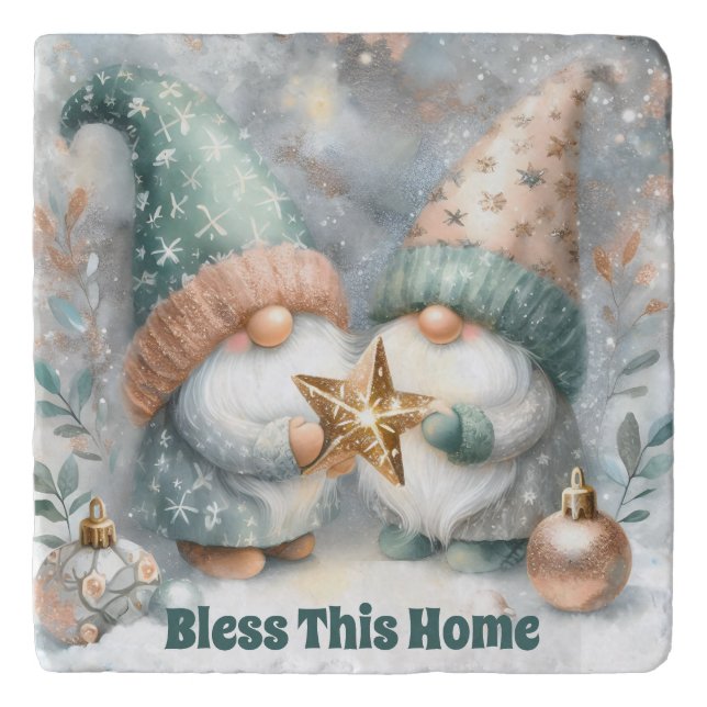 Winter Holiday Personalized Gnome Bless This Home Trivet (Front)