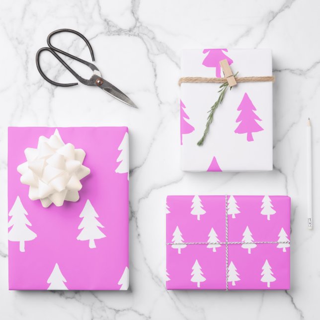 Winter holiday pine tree hot pink pattern wrapping paper sheets (Front)