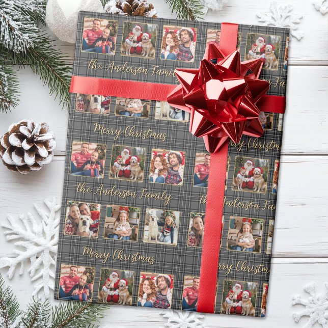 Winter Holiday Plaid Gray Gold Custom 6 Photos Wrapping Paper (Creator Uploaded)
