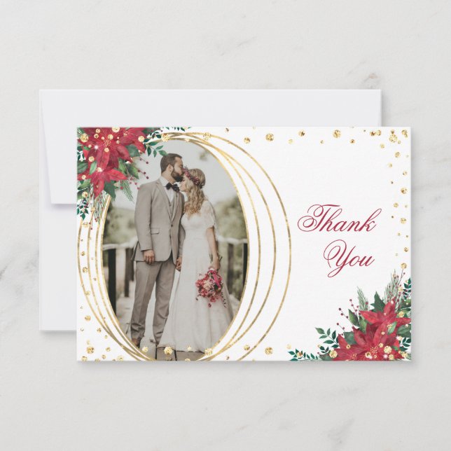 Winter Holiday Poinsettia Photo Wedding Thank You Card (Front)