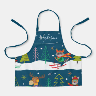 Winter Holiday Print with Name and Cute Animals Apron