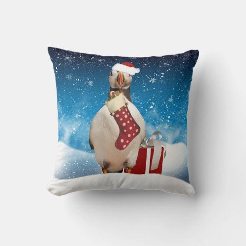 Winter Holiday Puffin With Stocking And Gift Throw Pillow