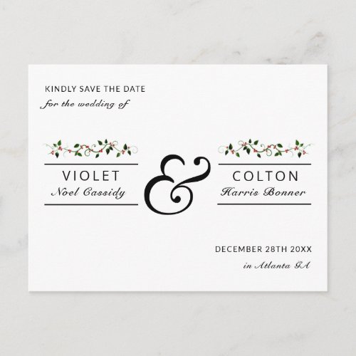 Winter Holiday Red Berry Wedding Save the Date Postcard