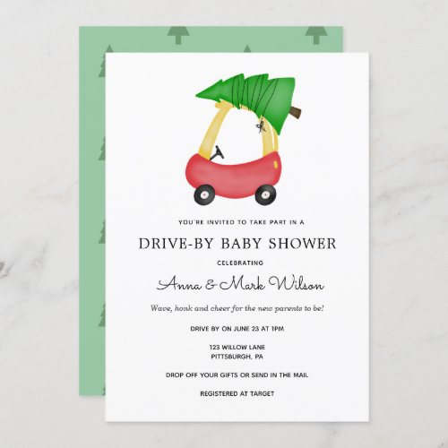 Winter Holiday Red Car Drive by Baby Shower Invitation