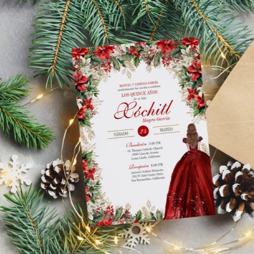 Winter Holiday Red Floral Elegant Quinceanera Invitation