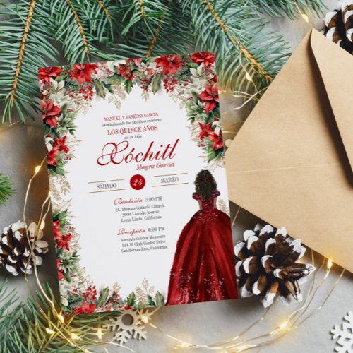 Winter Holiday Red Floral Elegant Quinceanera Invitation