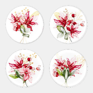 Winter holiday red poinsettia flowers bouquet gold coaster set