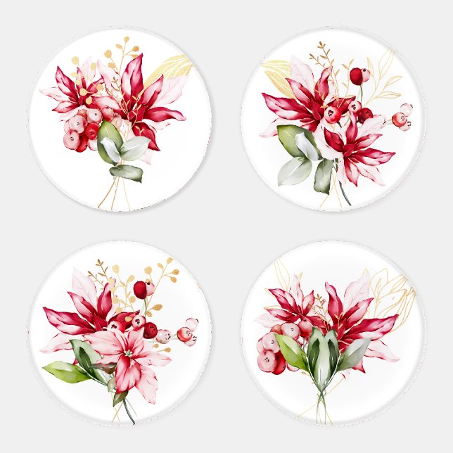 Winter holiday red poinsettia flowers bouquet gold coaster set (Set)