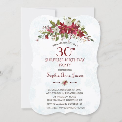 Winter Holiday Red Poinsettia Surprise 30 Birthday Invitation