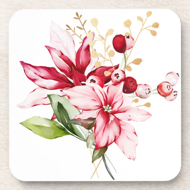 Winter holiday red poinsettia watercolour flowers  beverage coaster (Front)