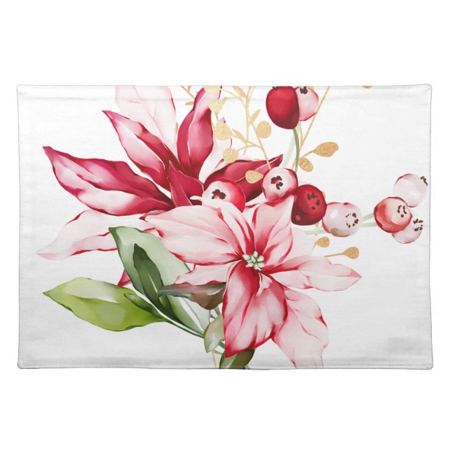 Winter holiday red poinsettia watercolour flowers  cloth placemat (Front)