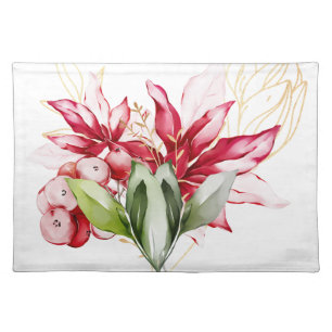Winter holiday red poinsettia watercolour flowers cloth placemat