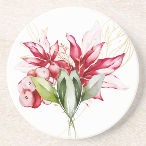 Winter holiday red poinsettia watercolour flowers  coaster
