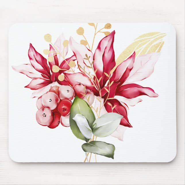 Winter holiday red poinsettia watercolour flowers  mouse pad (Front)