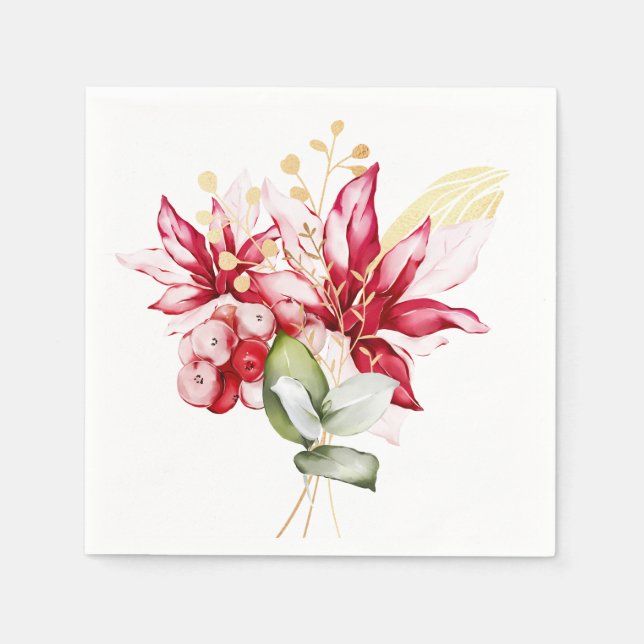 Winter holiday red poinsettia watercolour flowers  napkins (Front)