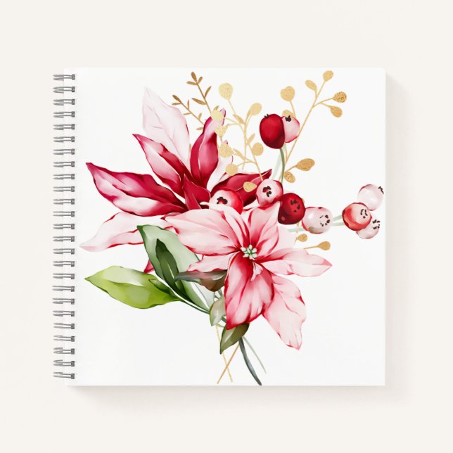 Winter holiday red poinsettia watercolour flowers  notebook (Front)
