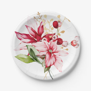 Winter holiday red poinsettia watercolour flowers  paper plates