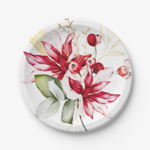 Winter holiday red poinsettia watercolour flowers  paper plates
