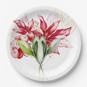 Winter holiday red poinsettia watercolour flowers  paper plates