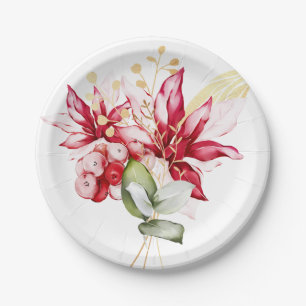Winter holiday red poinsettia watercolour flowers  paper plates