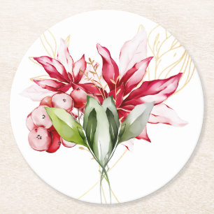 Winter holiday red poinsettia watercolour flowers  round paper coaster