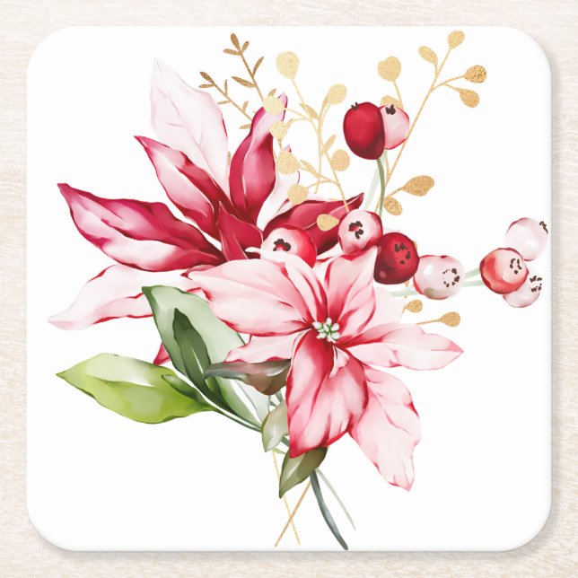 Winter holiday red poinsettia watercolour flowers  square paper coaster (Front)