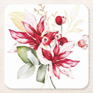 Winter holiday red poinsettia watercolour flowers  square paper coaster