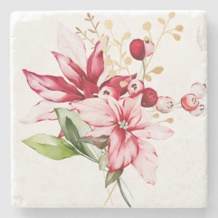 Winter holiday red poinsettia watercolour flowers  stone coaster