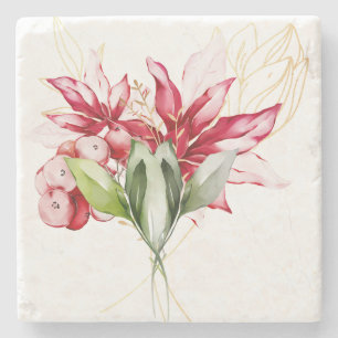 Winter holiday red poinsettia watercolour flowers  stone coaster