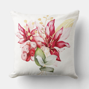 Winter holiday red poinsettia watercolour flowers  throw pillow