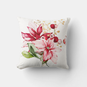Winter holiday red poinsettia watercolour flowers  throw pillow