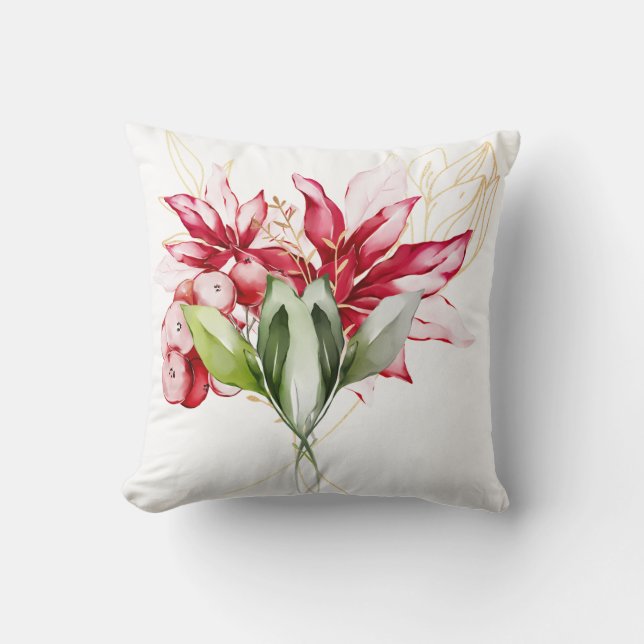 Winter holiday red poinsettia watercolour flowers  throw pillow (Front)