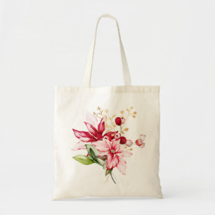 Winter holiday red poinsettia watercolour flowers  tote bag
