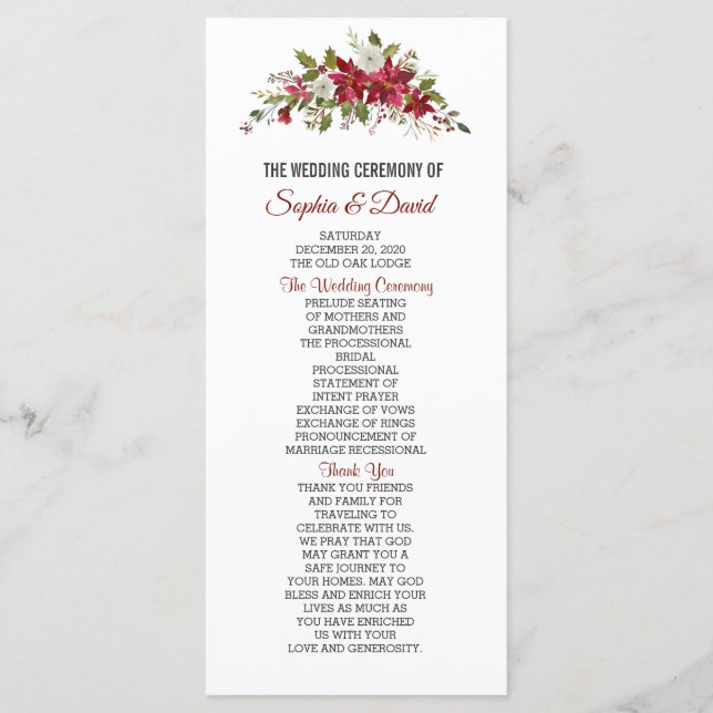 Winter Holiday Red Poinsettia Wedding Program (Front)