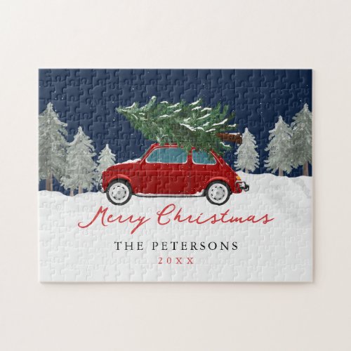 Winter Holiday Red Truck Christmas Family Name Jigsaw Puzzle