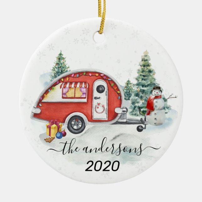 Winter Holiday RV Camper Monogram Family Snow  Ceramic Ornament (Front)