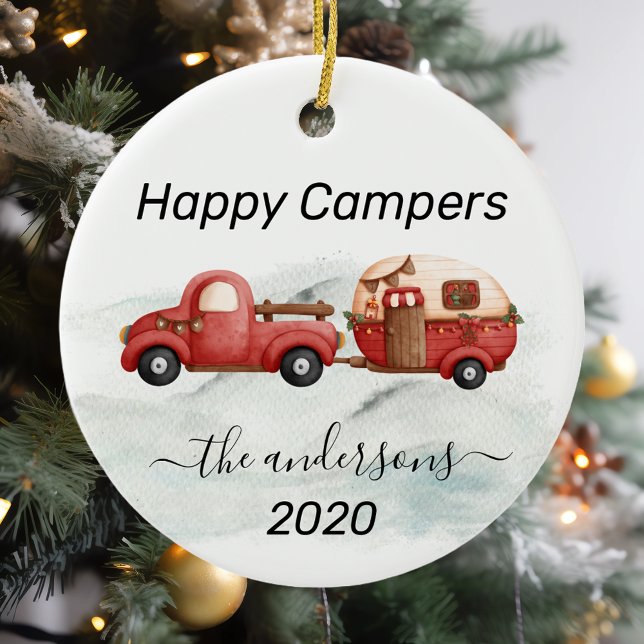 Winter Holiday RV Camper Monogram Happy Campers Ceramic Ornament (Creator Uploaded)