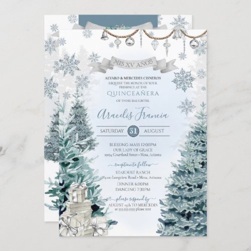 Winter Holiday Silver and Blue Snow Quinceaera Invitation
