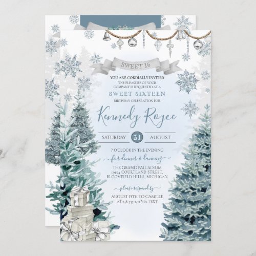 Winter Holiday Silver and Blue Snow Sweet Sixteen Invitation