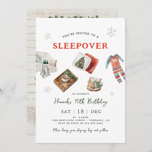 Winter Holiday Sleepover Party Birthday Invitation