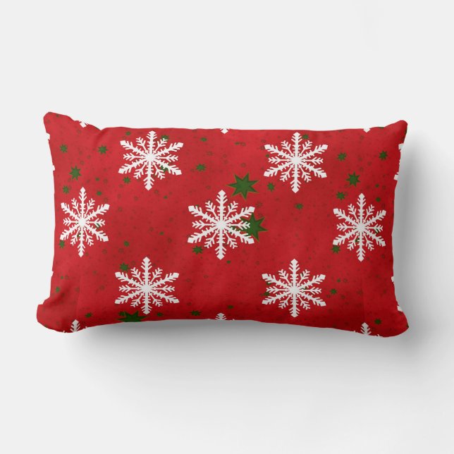 Winter Holiday Snowflake Red Green Starry BG Lumbar Pillow (Front)