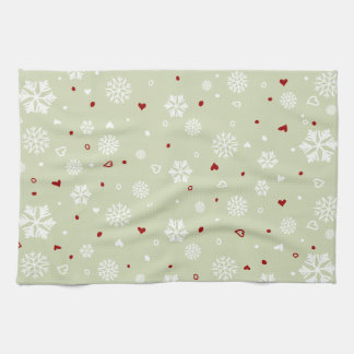 Winter Holiday Snowflakes Hearts on Green Towel