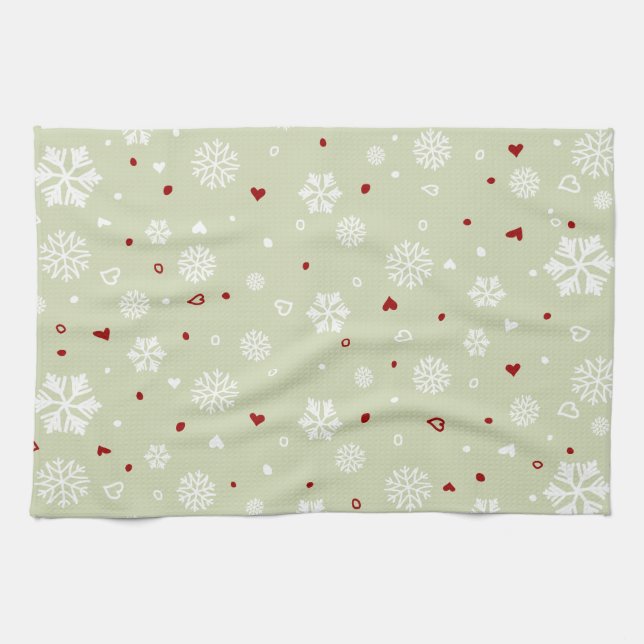 Winter Holiday Snowflakes Hearts on Green Towel (Horizontal)