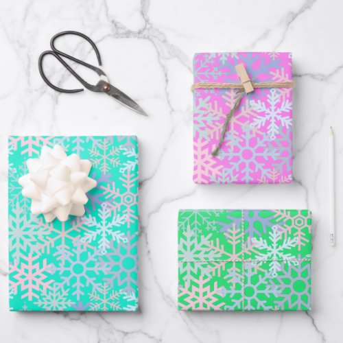 Winter holiday snowflakes hot pink green blue  wrapping paper sheets