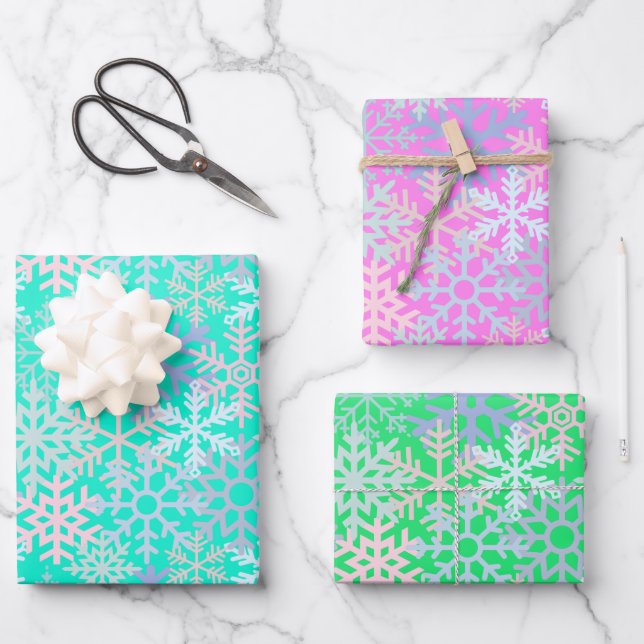 Winter holiday snowflakes hot pink green blue  wrapping paper sheets (Front)