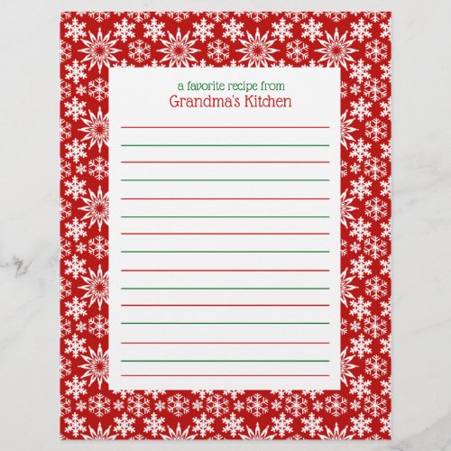 Winter Holiday Snowflakes Recipe Paper