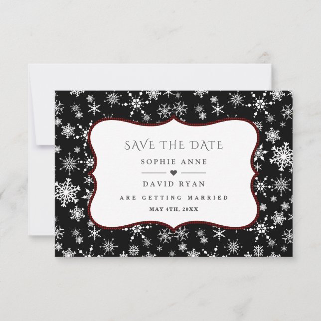 Winter Holiday Snowflakes Red Buffalo Wedding Save The Date (Front)