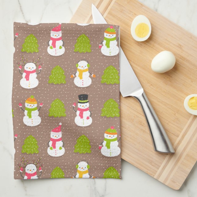 Winter Holiday Snowman Christmas Tree Pattern Kitchen Towel (Quarter Fold)